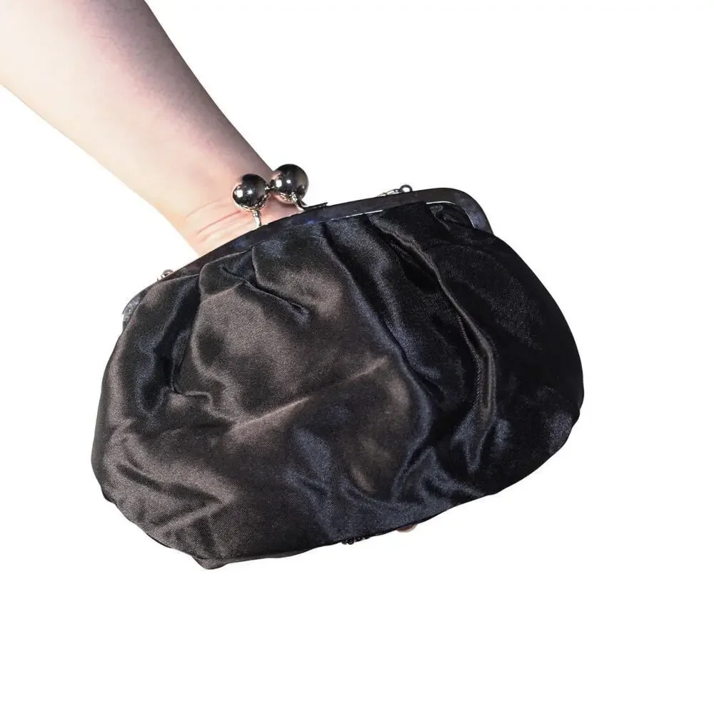 NWT Black Satin Lace & Sequin Rose Clutch Kiss Lock Holiday Evening Cottagecore